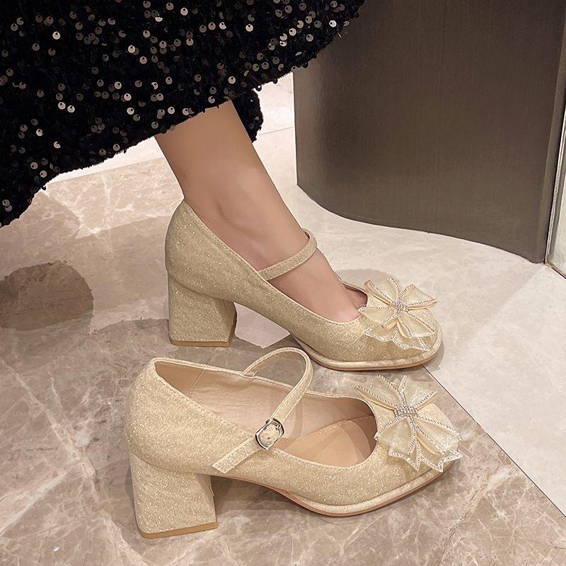 Foreign style versatile national style gentle light mouth shoes with sparkling bow with cheongsam high heel Mary Jane