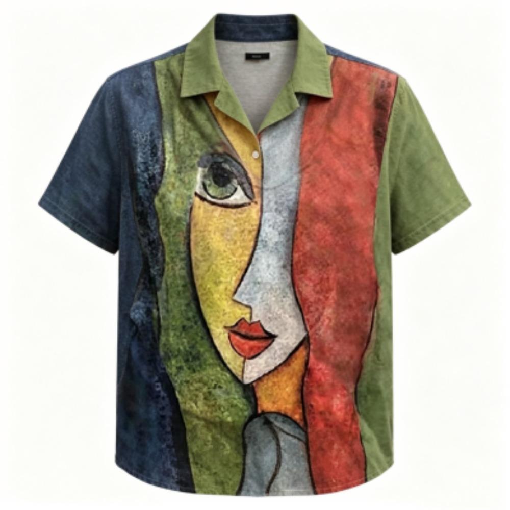 Summer Abstract Face Printing Shirt Hawaiian Beach Vacation Clothing Women s Fashion Street Style Shirt Daily Men s and Women s Shirt S