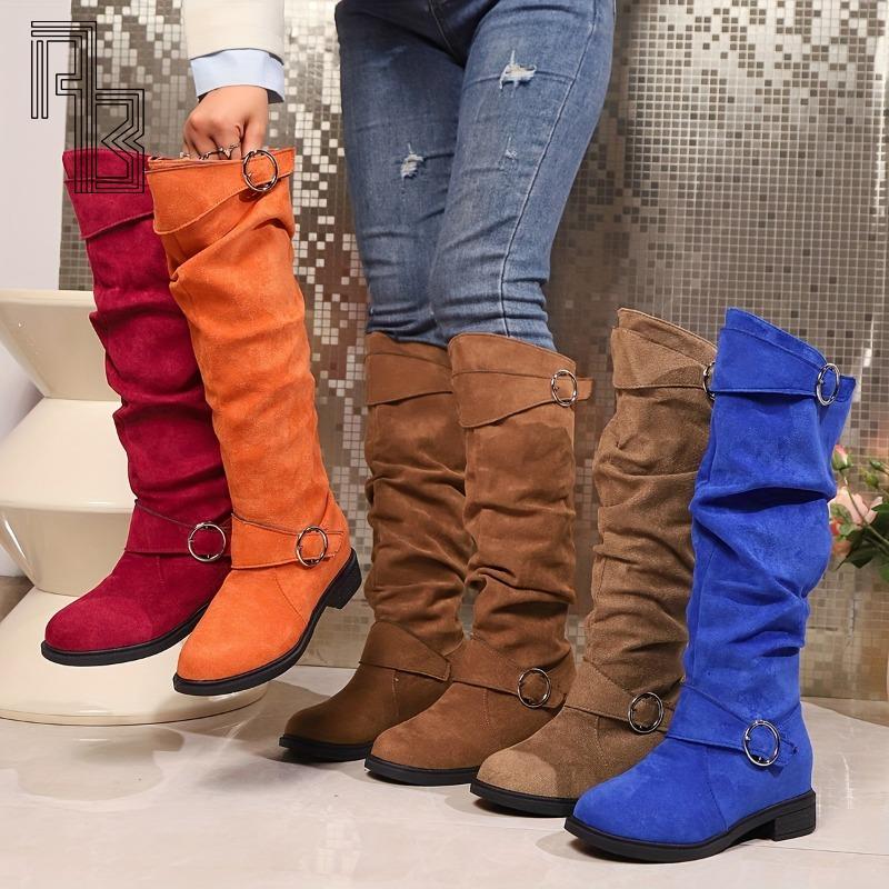Women'S Solid Color Trendy Boots, Buckle Belt Pull on Heel High Knee Boots, Winter Round Toe Slouchy Boots