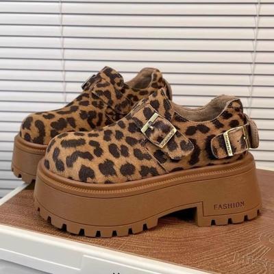 Women Leopard Loafers Shoes Platform Fur Snow Boots Winter Suede Plush High Heels Shoes 2025 Trend Casual Fashion Botas Mujer