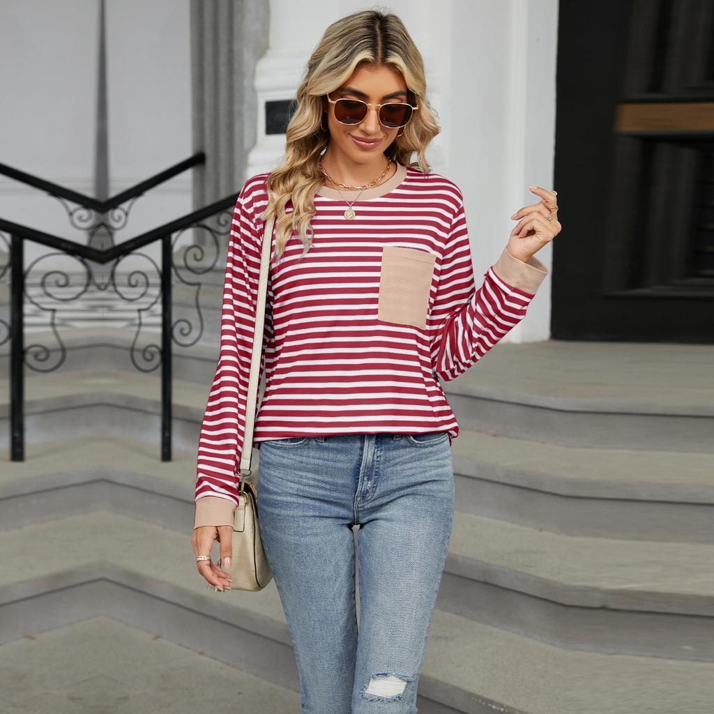 Spring Autumn Long Sleeve O Neck Striped Single Pocket Women Pullover T Shirt Blouse Top