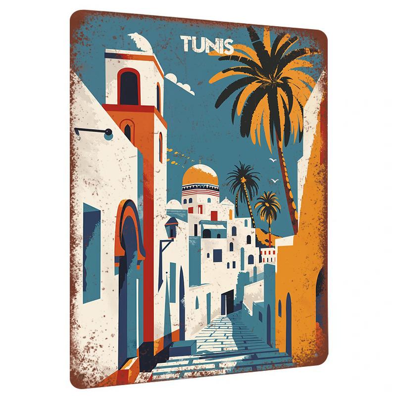 Tunis Landscape Metal Wall Art Mediterranean Architecture Decorative Painting for Living Room 20x30cm（7.8x11.8inch）