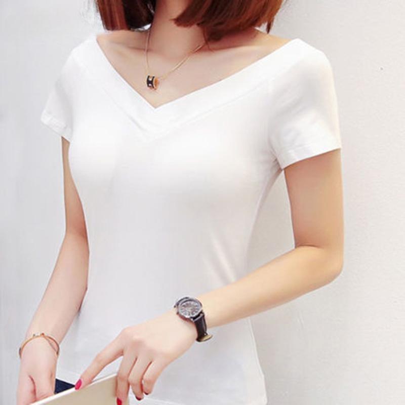 Summer Women's Sexy Deep V Neck T Shirt Short Sleeve Causal Irregular Solid Color Plus Size