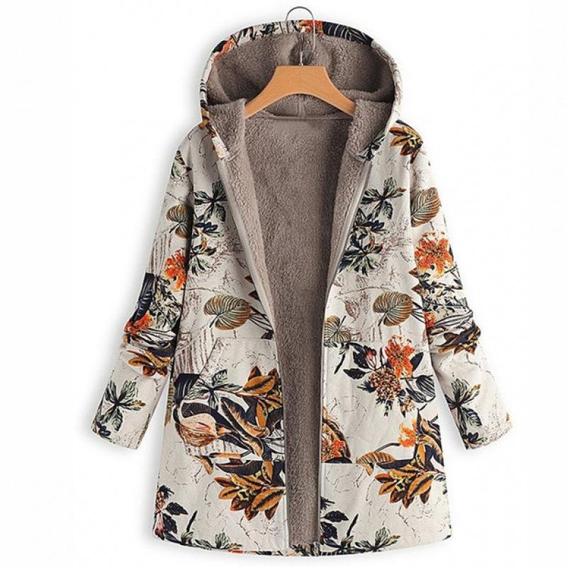 Jacket series casual printing cotton and linen printing plush inner hooded zipper women's clothing new