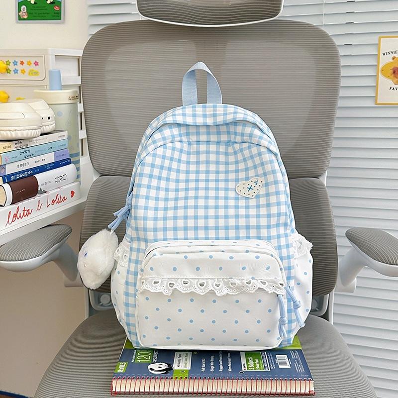 Schoolbag new small fresh plaid lace backpack women's daily versatile large capacity going out commuting student schoolbag backpack