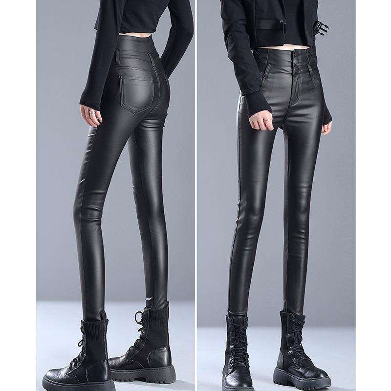 Women's High-Waist Matte Leather Skinny Pants - Elastic, Slimming, Plus Velvet, Autumn/Winter 2025.