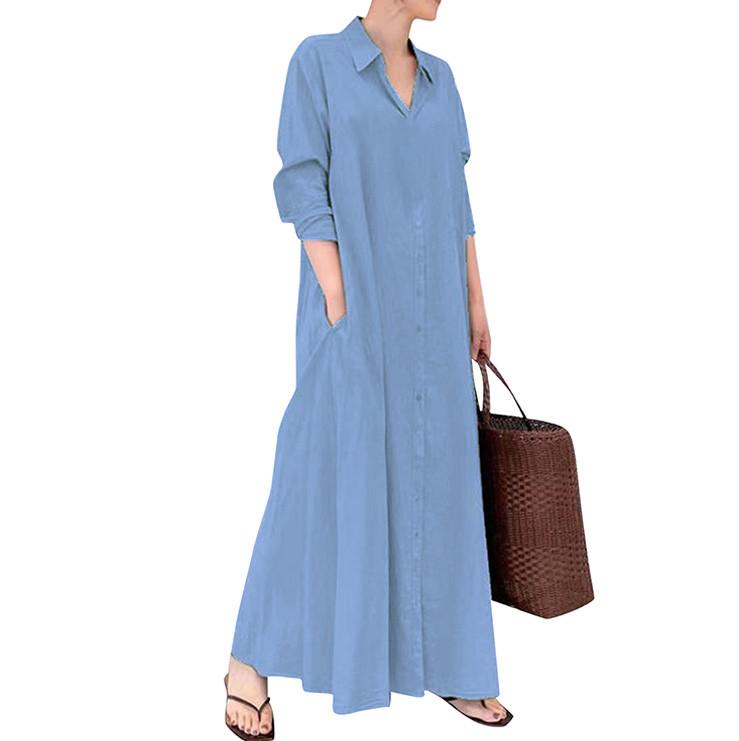 Women's Lapel Long Sleeve Plug Pocket Loose Casual Long Shirt Dresses