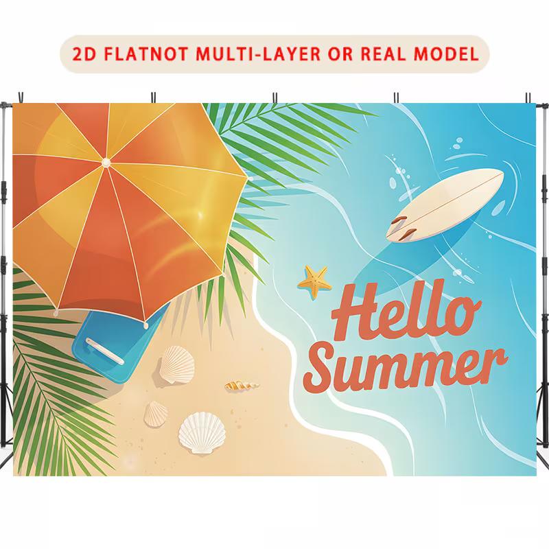 2D Hello Summer Beach Scene Backdrop Surfboard Party Photo Booth Background