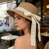 Sun Hat Lace Bow Decor Flat Top Wide Brim Straw Hat Hand-Woven Sunproof Windproof Summer Beach Picnic Basin Hat