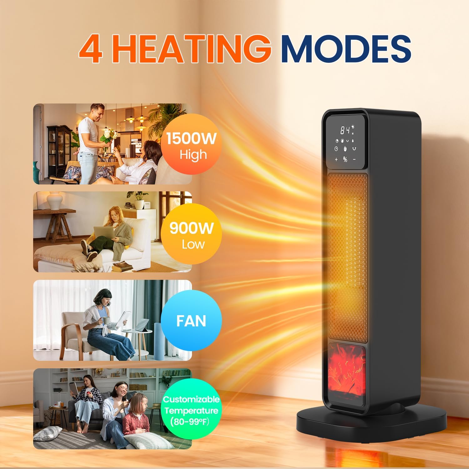 

Портативний обігрівач 1500 Вт з 3D полум ям та 70° коливанням для спальні та офісу United States