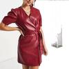 Women Leather Dress Belted Waist Red Genuine Lambskin Handmade Casual Party Wear