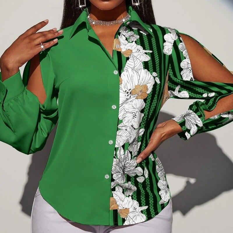 

Сексуальная рубашка с длинным рукавом, винтажная блузка с цветочным принтом, женские топы, осенние рубашки с отложным воротником, свободная одежда 29102 XL зелёный