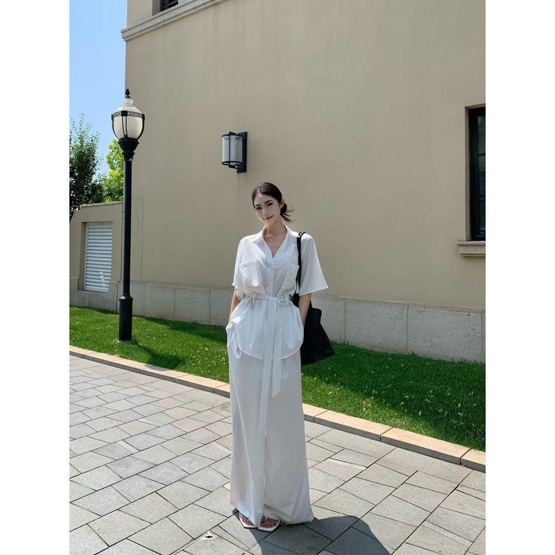Kumikumi Fashion White Suit Short Sleeve Shirt Women Fall High Waist Slim Looking All-Matching Casual Trousers Two-piece Set