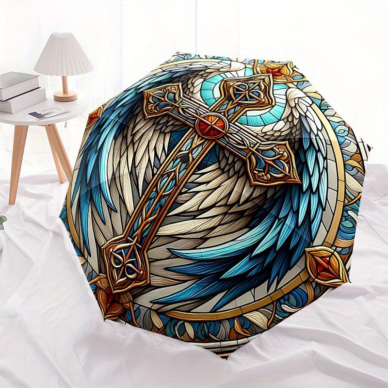 Stained Angel Wings Cross Art PrintUmbrella, Portable 3-Fold Compact Umbrella for Men & Women Gift