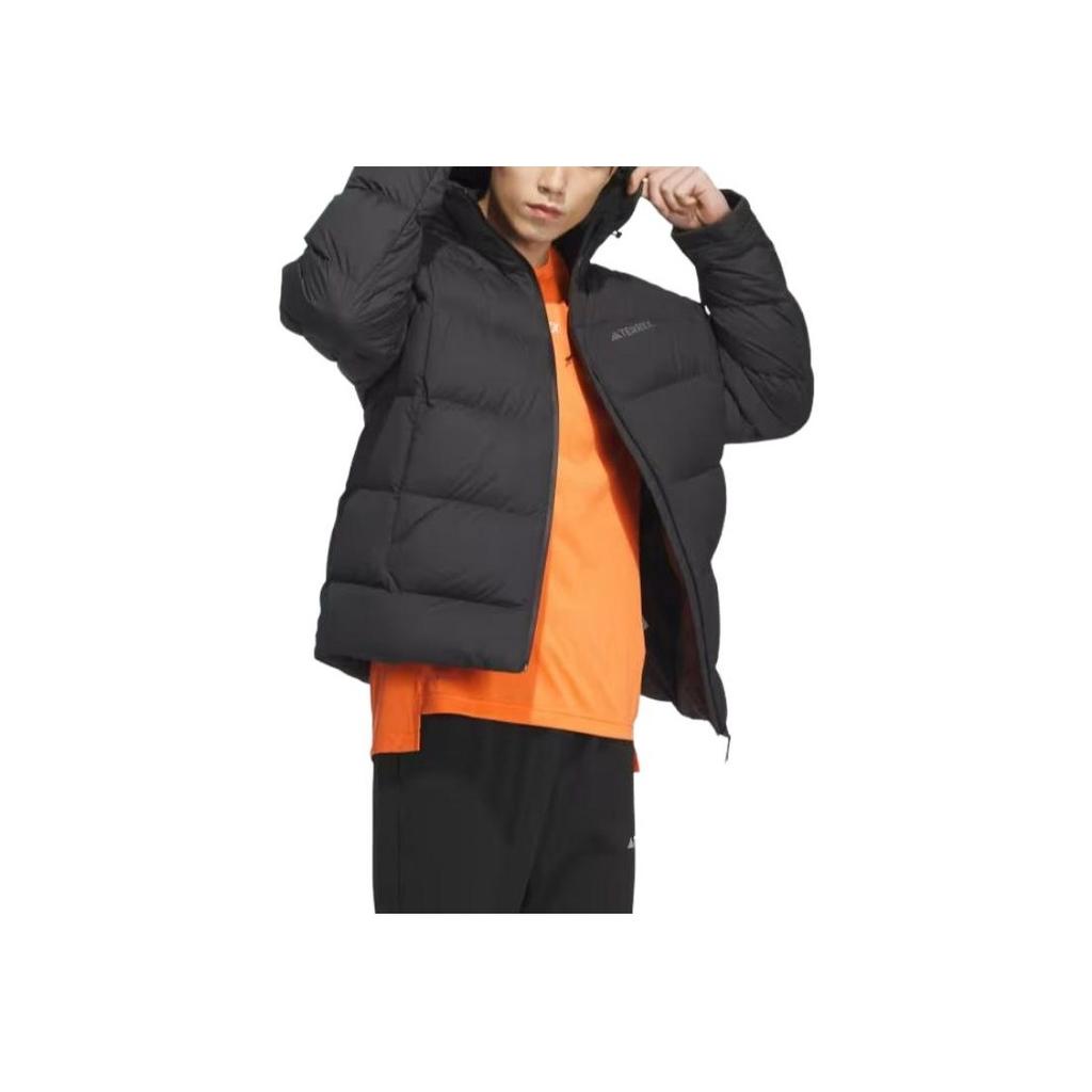 Adidas Husí péřová bunda těžké váhy s kapucí a vypasovanými dlouhými rukávy Pánské svrchní oblečení Černá IL8965