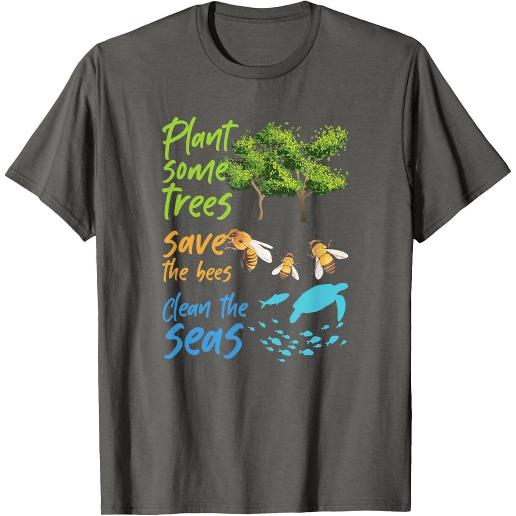 Plant Trees Save Bees Clean Seas Turtle Graphic Cotton T-Shirt Casual Crewneck Tee