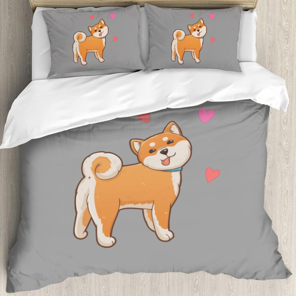 Cartoon Shiba Inu King Queen Bedding Set Yellow Pet Puppy Duvet Cover Cherry Blossoms Tree Quilt Cover Polyester Comforter Cover