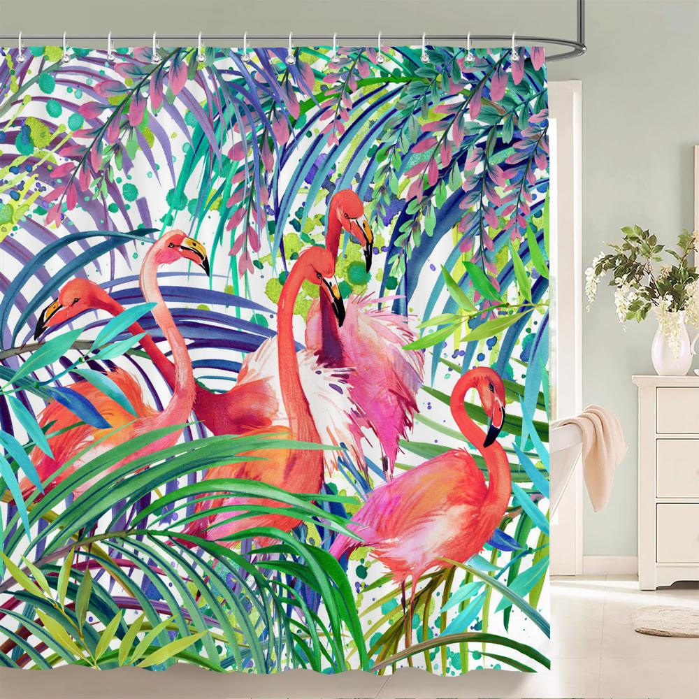 3D Flamingo Print Shower Curtain Set With Hooks Nordic Style Pink Birds Flower leaves Waterproof Fabric Home Bathroom Curtains
