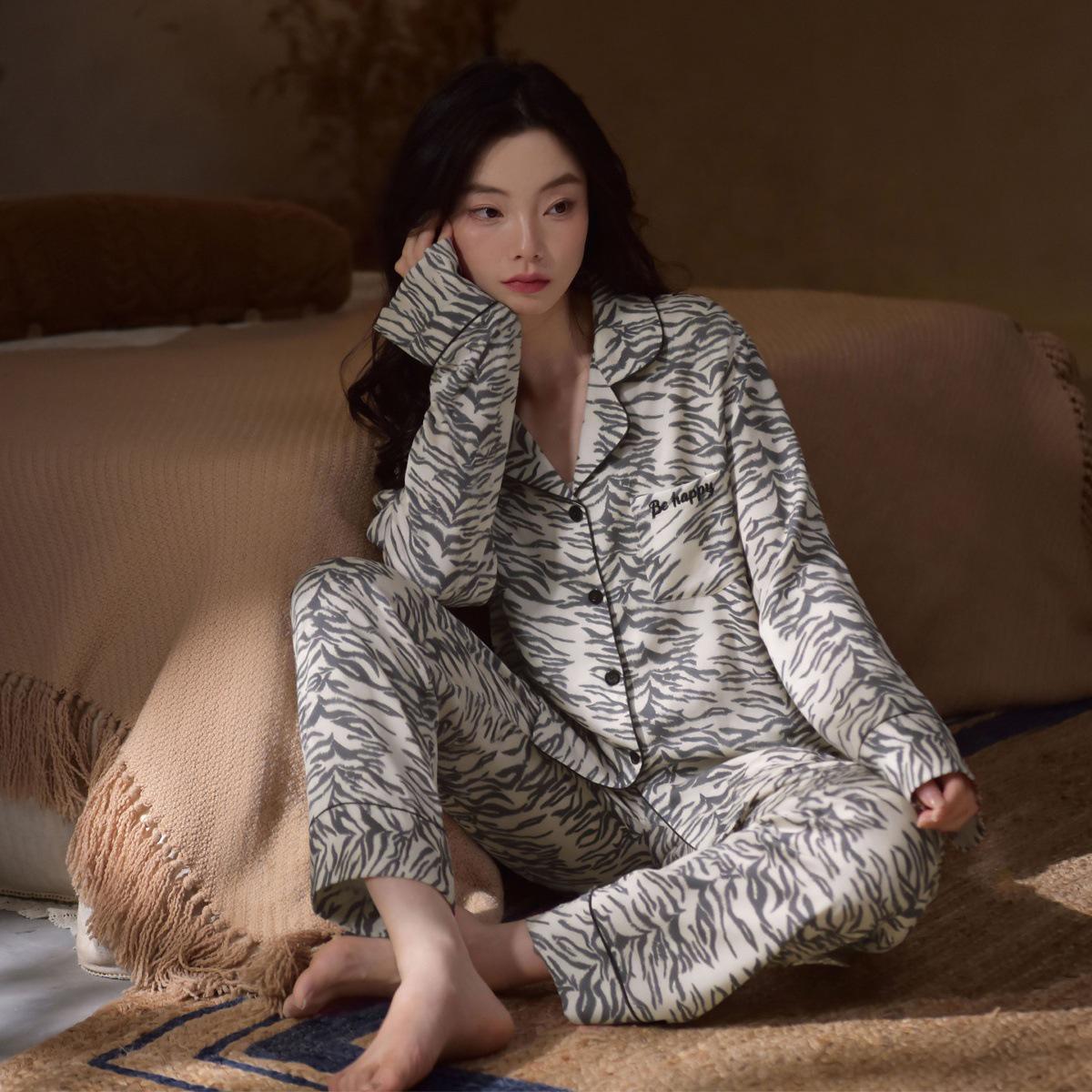 Women s Zebra Print Silk Pajamas, Long Sleeve, Spring/Autumn Style, Luxe Feel, Wear Indoors/Outdoors M