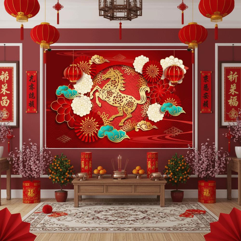 Red Gold Chinese New Year Decoration New Style Horse Year Party Decoration Spring Festival Lion Dance Traditional Backdrop