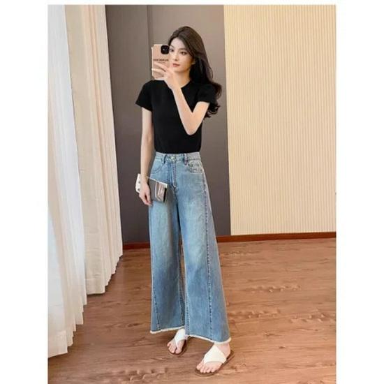 

Женские джинсы 2025 Весна, зауженные, в стиле ретро, с драпировкой, прямые, широкие, укороченные брюки с высокой посадкой, скрывающие бедра, для фигур типа «груша» и миниатюрных S светло-синий