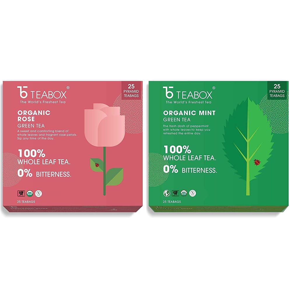 Teabox Organic Rose Green Tea 25 Teabags & Teabox Organic Green Mint Tea 25 Teabags