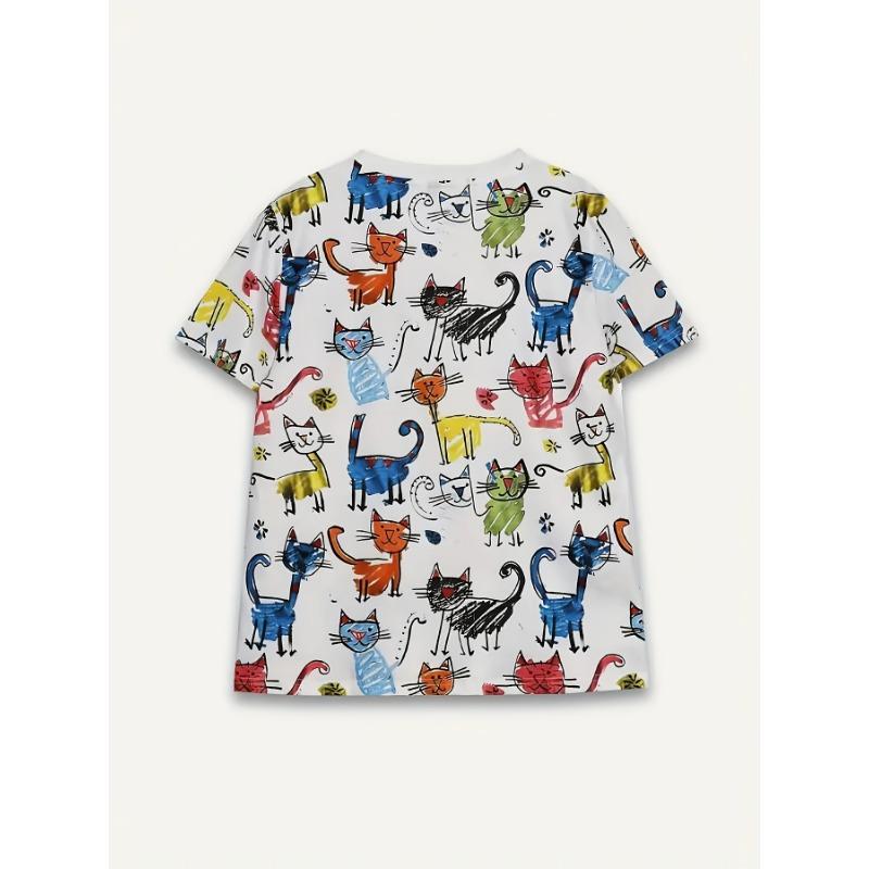 White Colorful Cats Women's Tee - Playful Cat Doodle Graphic, Cute Cartoon Print Design for Casual Daily Wear
