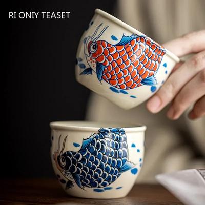 1 szt. Chiński Ręcznie Robiony Kubek do Herbaty z Rybą Retro Ceramiczna Czarka do Herbaty Mistrzowska Czarka do Herbaty Przenośny Piękny Kubek do Medytacji Akcesoria do Zestawu Herbacianego