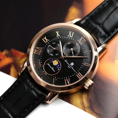 Salvatore Mara Watch Moon Phase Multi Calendar 5 ATM Water Resistant Business Formal Men's Leather Belt Limited Model Black Pink Gold SM21106-PGBK