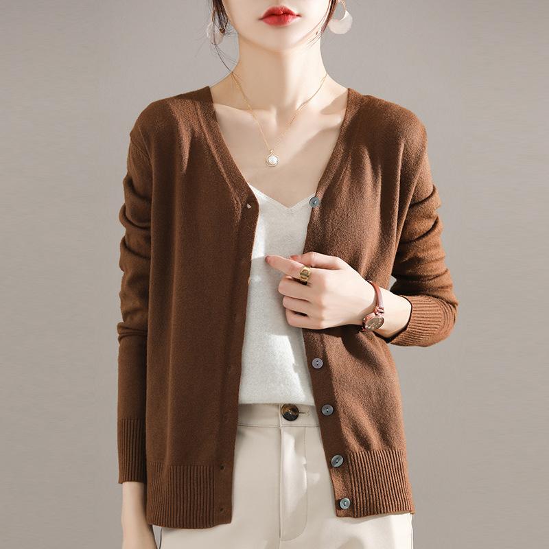 Autumn Winter Casual Fashion Solid Color V-neck Cardigan Coat Women All-match Bottomed Knitting Top