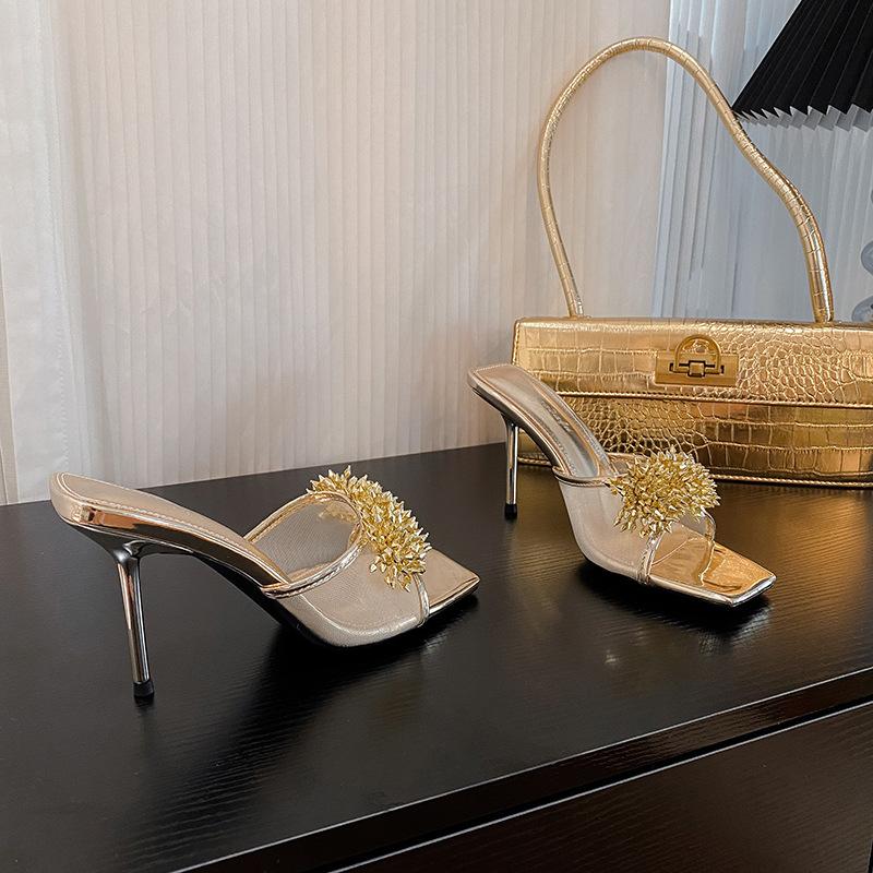 

2025 лето новые сандалии-сетка со стразами в виде цветов, тонкий каблук, открытый носок, прохладные шлепанцы, светло-золотые банкетные туфли на высоком каблуке женские 40