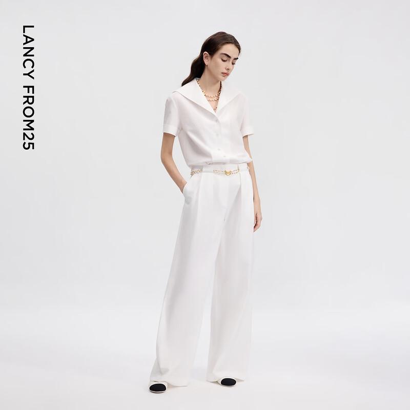 LANCY White 3D Pleated Wide-Leg Trousers