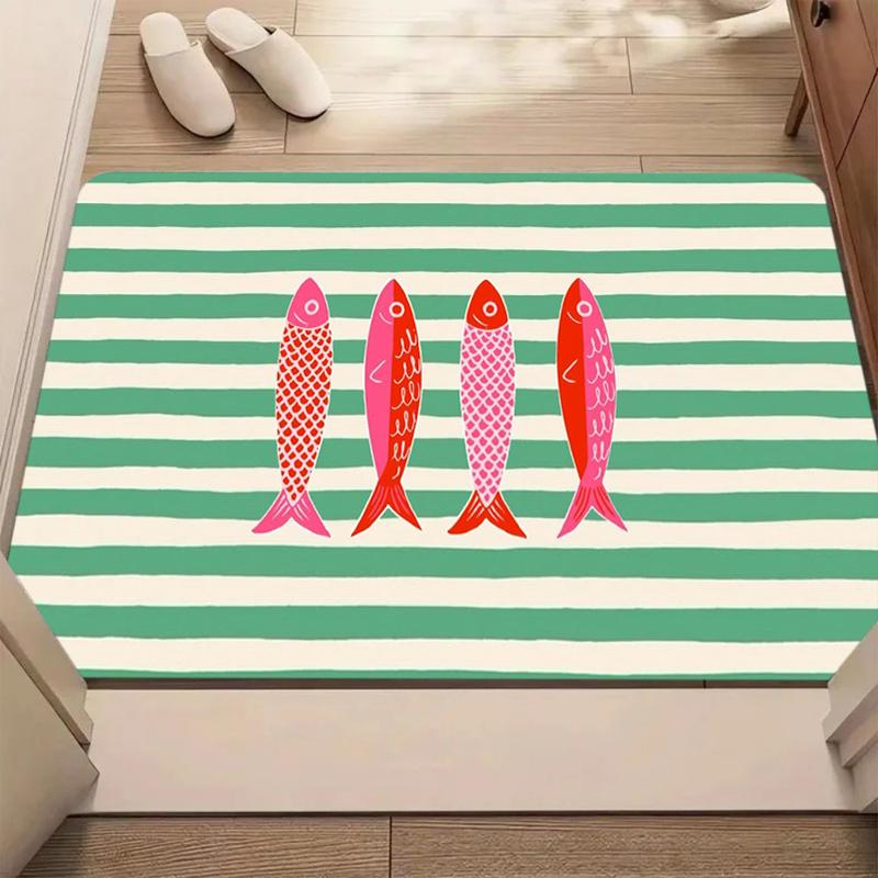 

Red White Striped Fish Pattern Welcome Doormat Rug Carpet Home Decoration Non Slip Floor Mat Marine Theme Home Door Mat 40x60cm