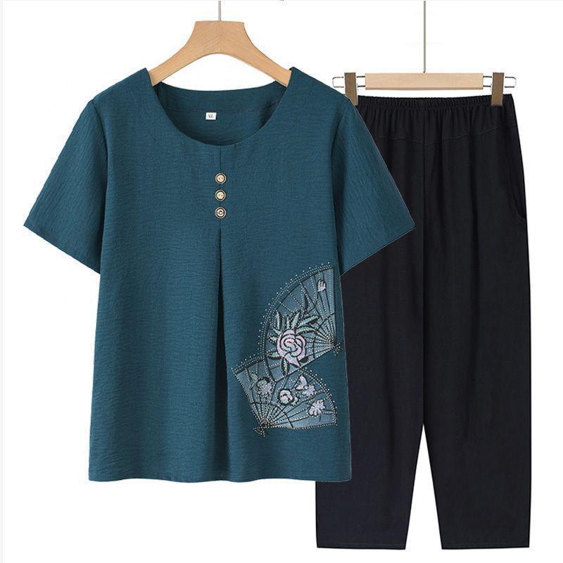 Women's Summer 2026 Short-Sleeved Two-Piece Set for Middle-Aged Moms and Elderly Women