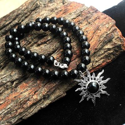 Black Onyx Sun Necklace, Silver Charm Jewelry, Natural Beads Necklace, 925 Sterling Silver, Handmade Jewelry