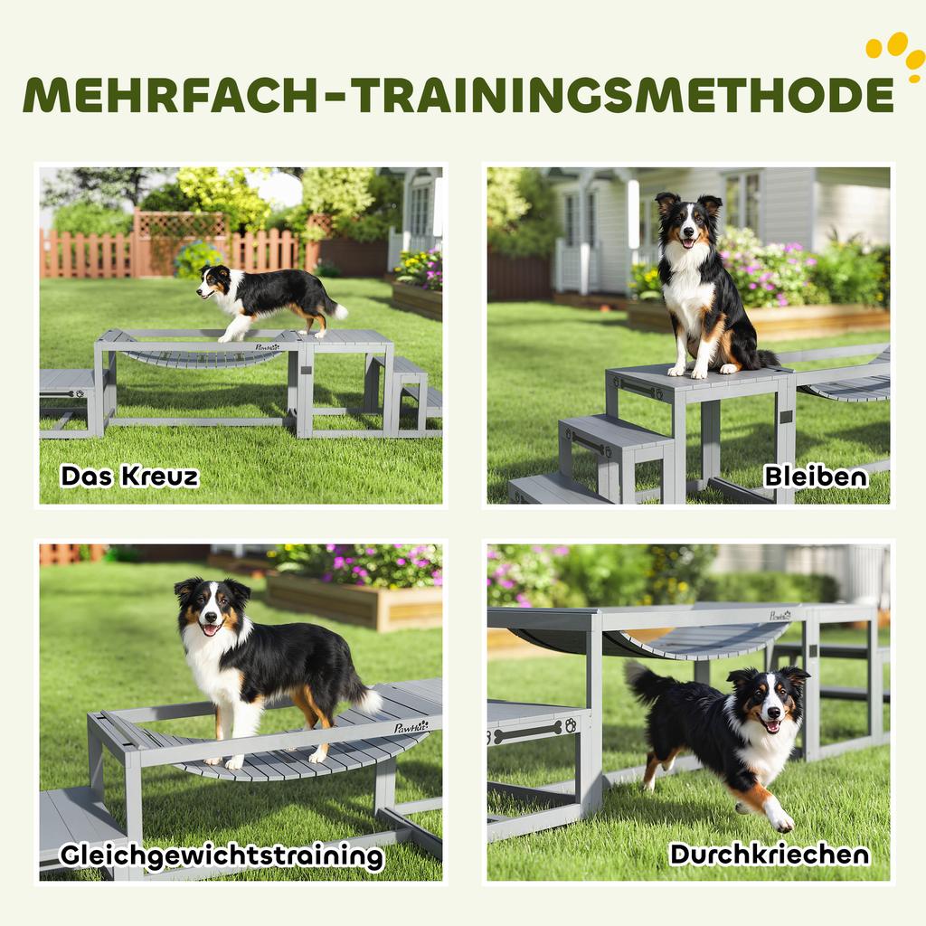 3 Pieces Wooden Dog Agility Training Equipment with Soft Bridge, Pause Platform and Pet Stair for Outdoor, Grey
