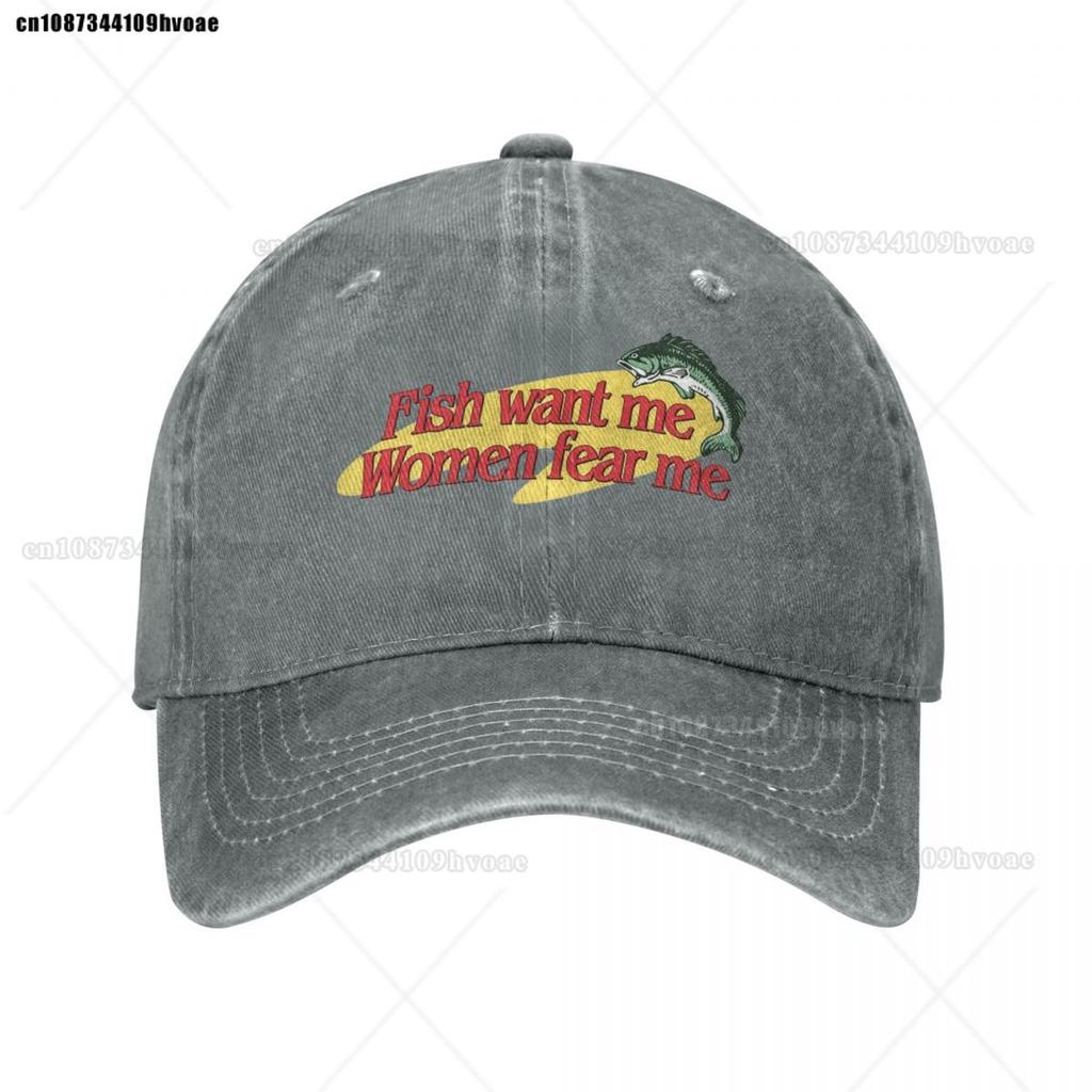 Fish Want Me Women Fear Me Baseball Cap Fashion Distressed Cotton Sun Cap Unisex Style Outdoor Summer Caps Hat