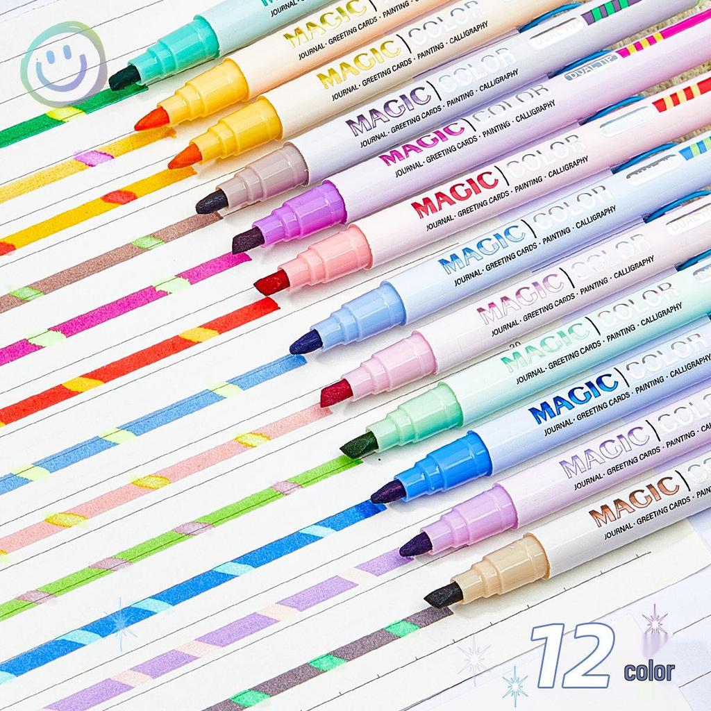 Color-Changing Double-Ended Fluorescent Markers - 12 Colors, Eye-Friendly Watercolor Pens for Students
