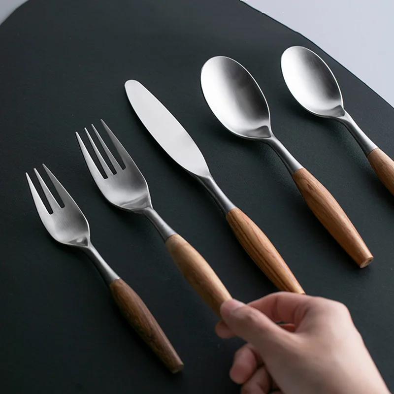 3/5Pcs 304 Stainless Steel Cutlery Set Wooden Handle Dinner Fork Knife Flatware Dinnerware Tableware