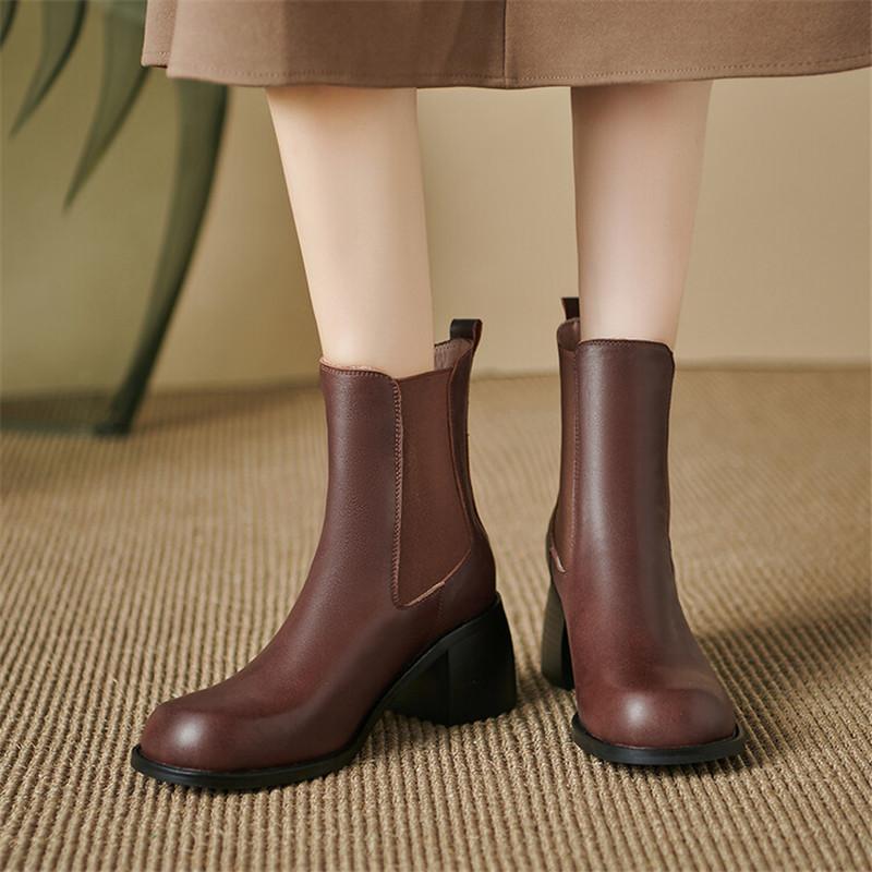 Fashion New Autumn Winter Genuine Leather Women Boots Fashion Round Toe Shoes for Women Short Boots Women High Heel Botas De Mujer