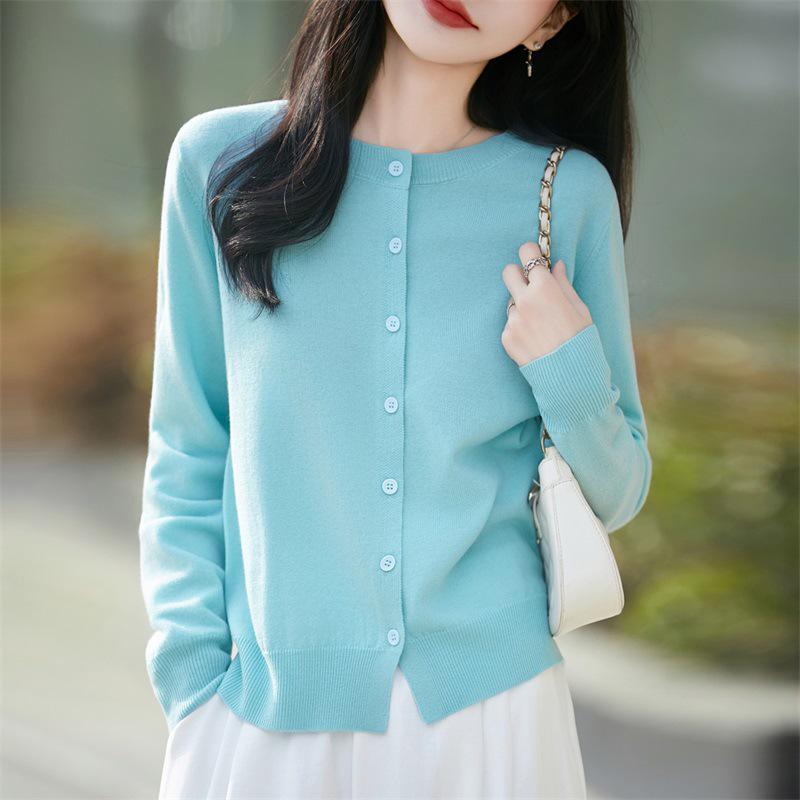 36-Count Fine Spun 100% Wool Machine Washable Round Neck Cardigan - Simple Style, Solid Color, Lightweight Knit for Spring