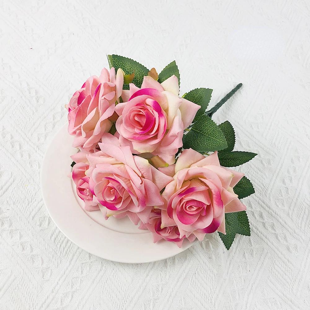 Velvet Artificial Flowers Rose Bouquet Wedding Decorations Red 7 Heads Fake Roses Decorative Flower Home Decor Garden Decoration