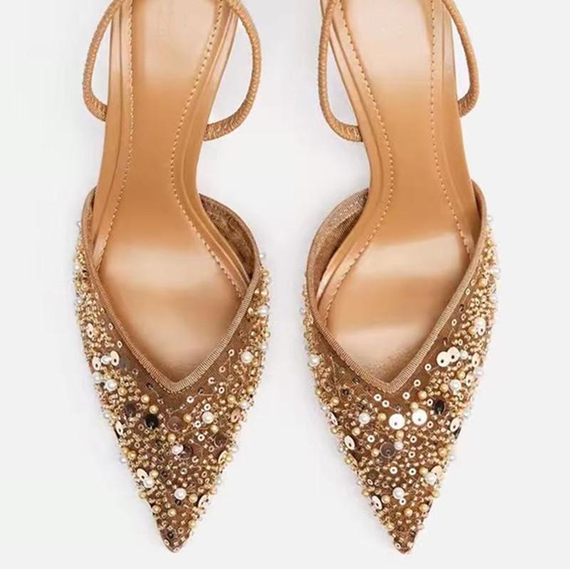 Luxury Bling String Bead Decorate Heels Women Fashion Pointed Toe Mesh Designer Shoes Elegant Thin Heel Slingback Zapatos Mujer