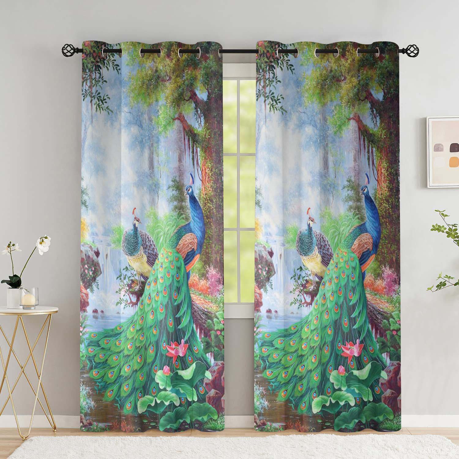 

2 шт. Шторы с павлиньими и орхидейными узорами для спальни, гостиной, окна от пола до потолка, кухонные жалюзи, шторы с люверсами сверху (W50H130cm)-2pcs&Grommet Top