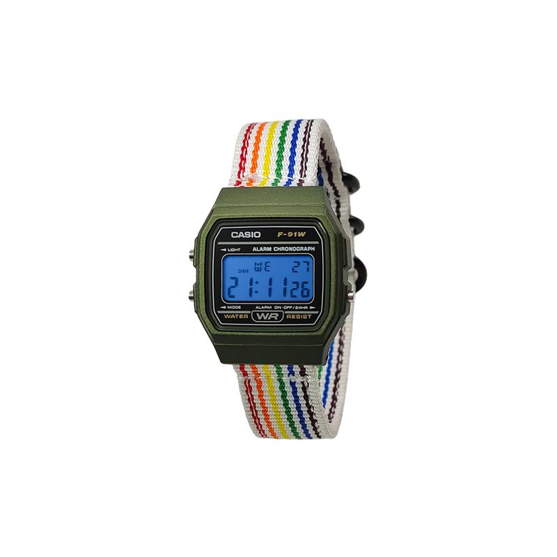 CASIO Customized watch modified series F-91WM-3A-Celestine Surge Quartz nylon strap men's watch F-91WM-3A--Celestine-BaiCaiSeBiaoDaiLanSeBiaoJing