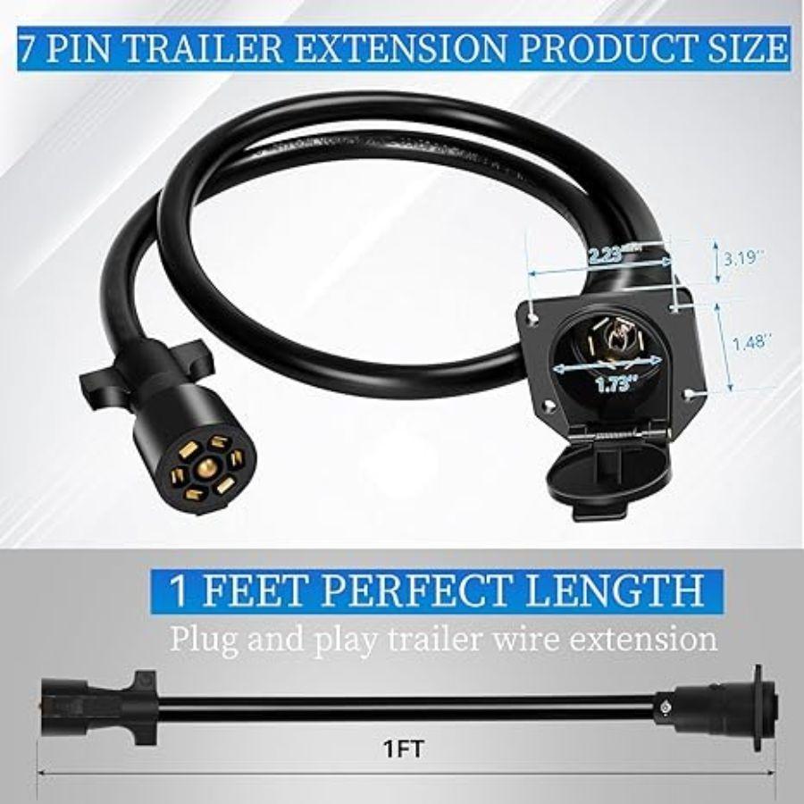 7 Way Trailer Plug Extension 1 FT, 10-14AWG 7 Pin Trailer Extension 7PIN-1FT