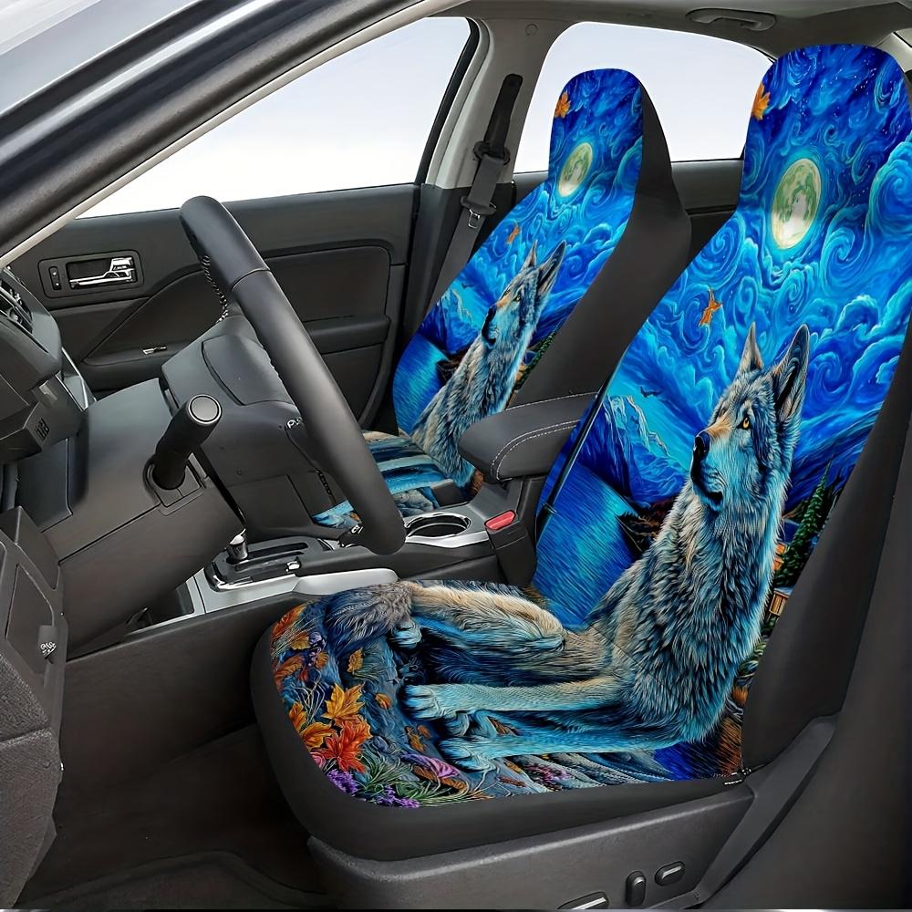 2pcs Wolf Moonlit Night Landscape Print Car Seat Covers - Durable & Soft, Easy To Clean, Foldable, Universal Fit For Cars, SUVs,