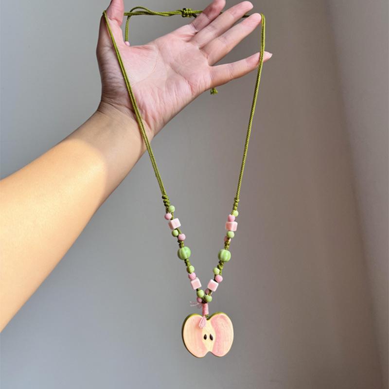 Pink Ceramic Apple Beaded Pendant Necklace - Colorful Clavicle Chain for Women
