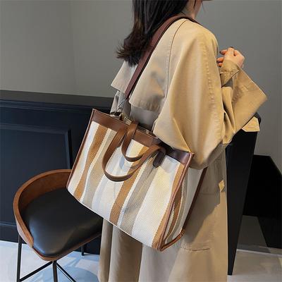 Canvas Bag Women's Large Capacity 2025 New Contrasting Color Shoulder Bag Cloth Bag College Student Class Bag Tote Bag