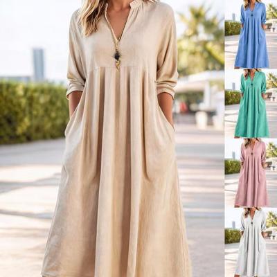 Damen Leinen V-Ausschnitt Langarm Kleid mit Taschen Lockere Passform Lässig Vintage Stil Midi